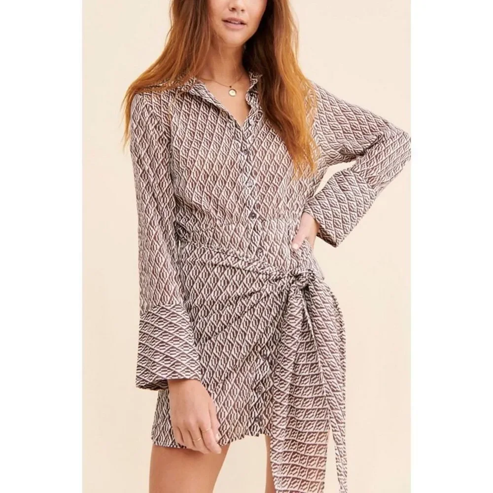 Free People Rillo Shirtdress Button Up Tie Long Sleeve Brown White Size Small